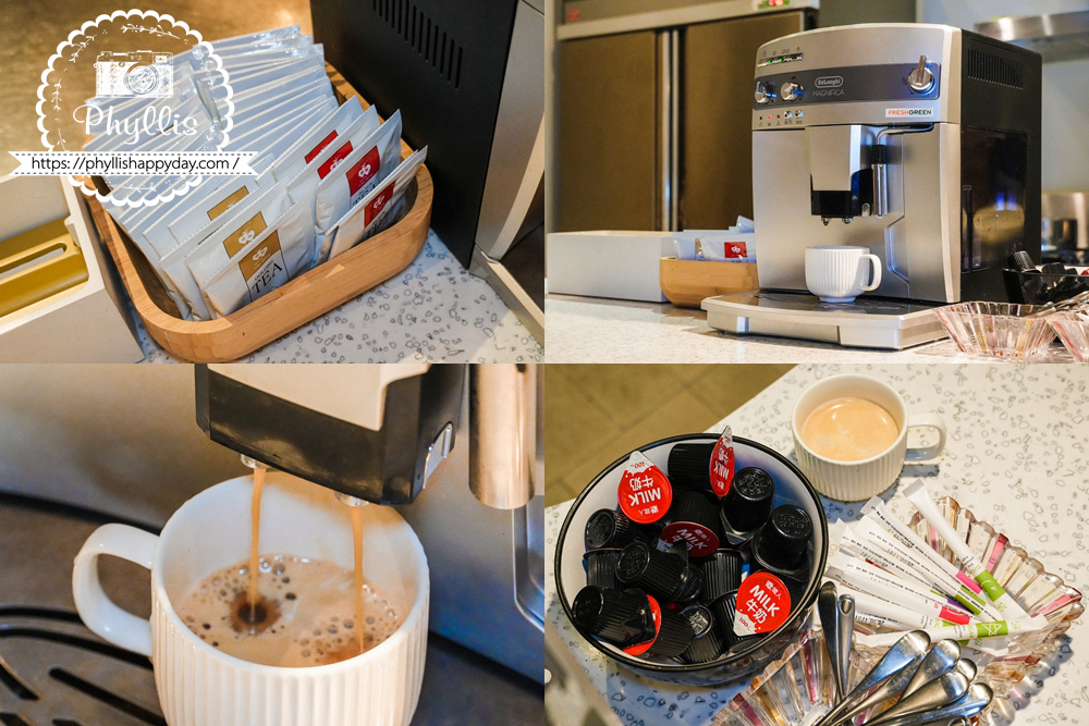 【湖畔莊園】冬山梅花湖旁的質感親子、寵物民宿|從大廳到早餐都充滿溫度,走路2分鐘就到湖邊的療癒旅程 - 第12張圖 湖畔莊園全自動咖啡機與咖啡備品,旅客早晨即可享受一杯熱咖啡的療癒時光