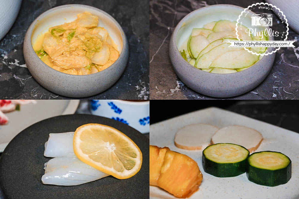 【京燒肉】食材組合包含黃金泡菜、季節小菜、蒜柴魚紋甲花枝與野菜，展現燒肉套餐前段餐點細節